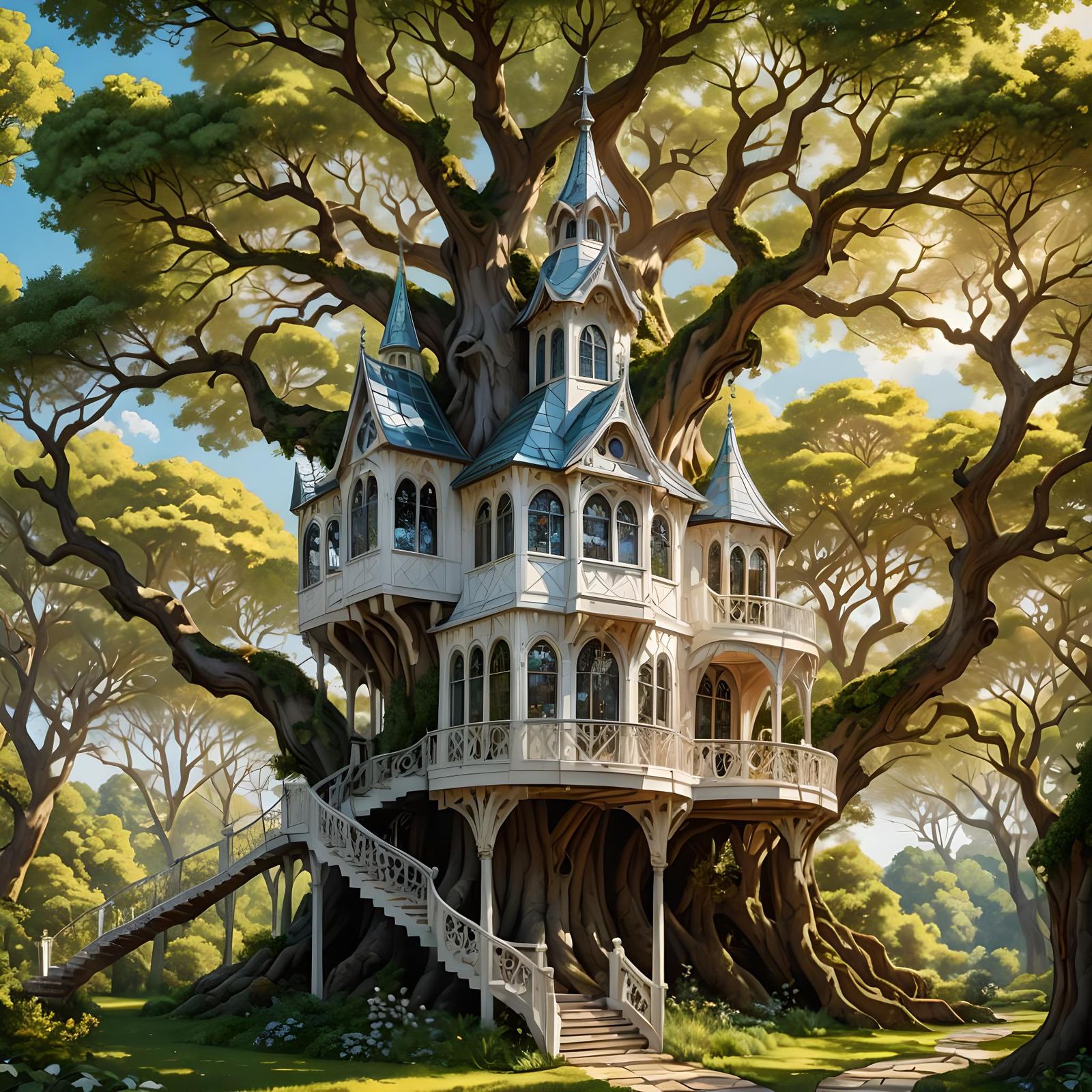 Magical White Treehouse in Forest, Pre-Raphaelite Style