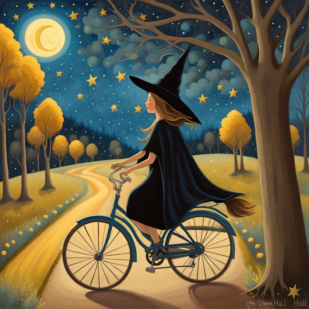 Girl on Bicycle in Whimsical Folk Art Style