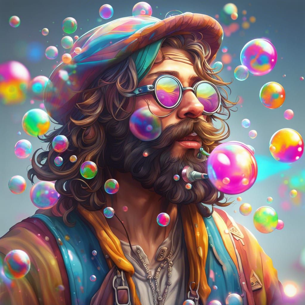 Colorful Hippie Blowing Bubbles in Splash Art Style
