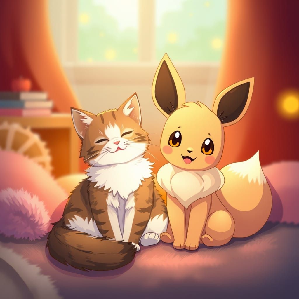 Whimsical Feline and Pokรฉmon Companion in Pastel Dreamscapes