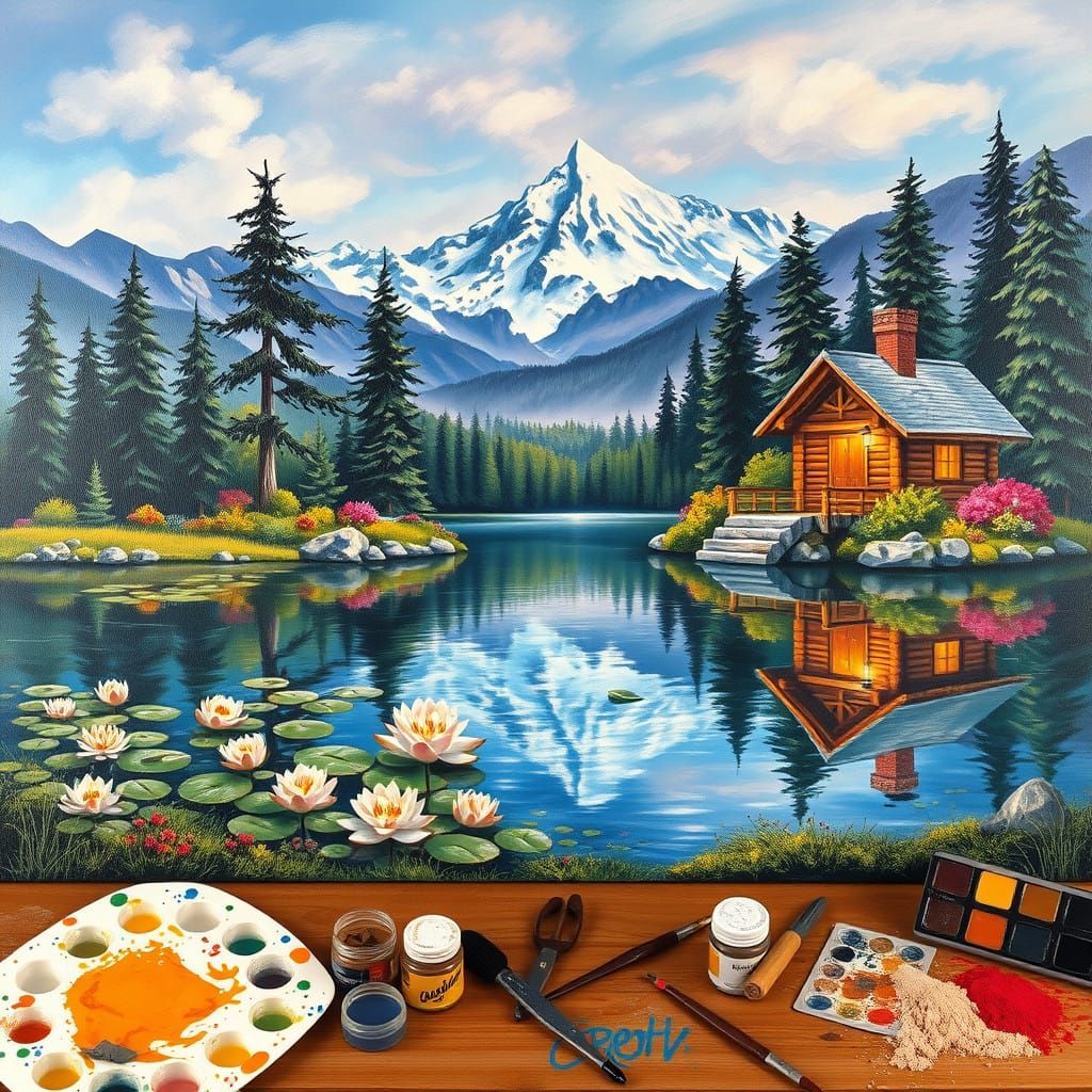 Dreamy Landscape with Tranquil Lake and Rustic Bridge in War...