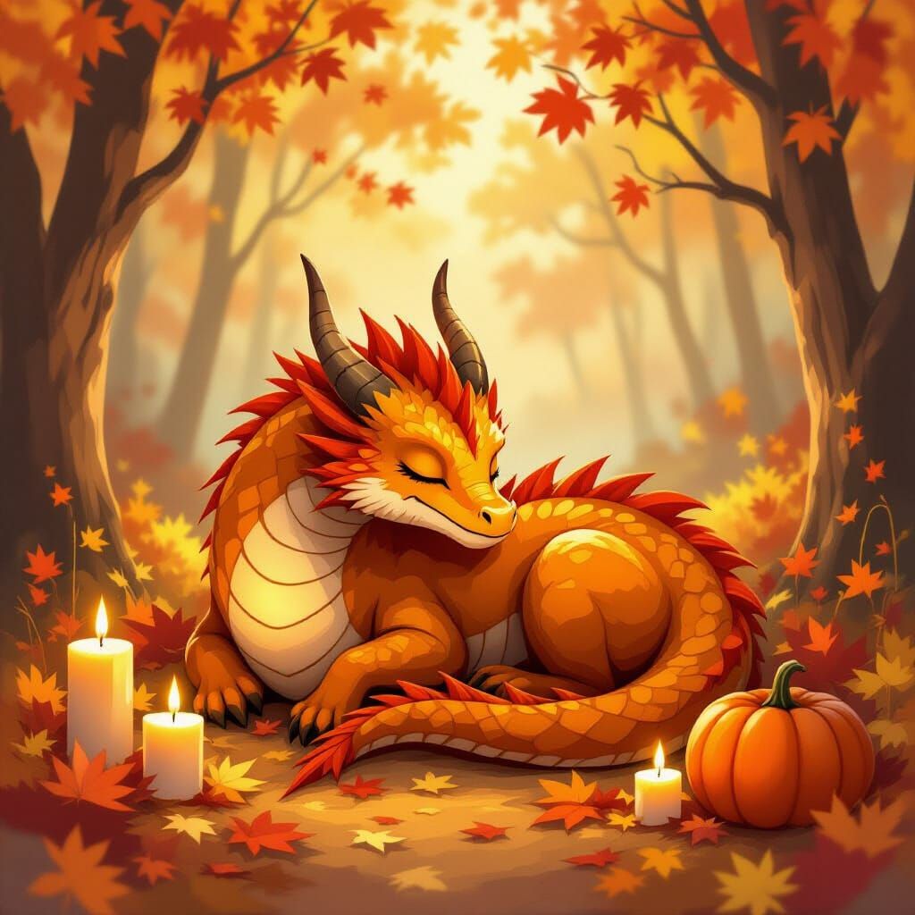 Cozy Autumn Dragon Resting in Golden Light