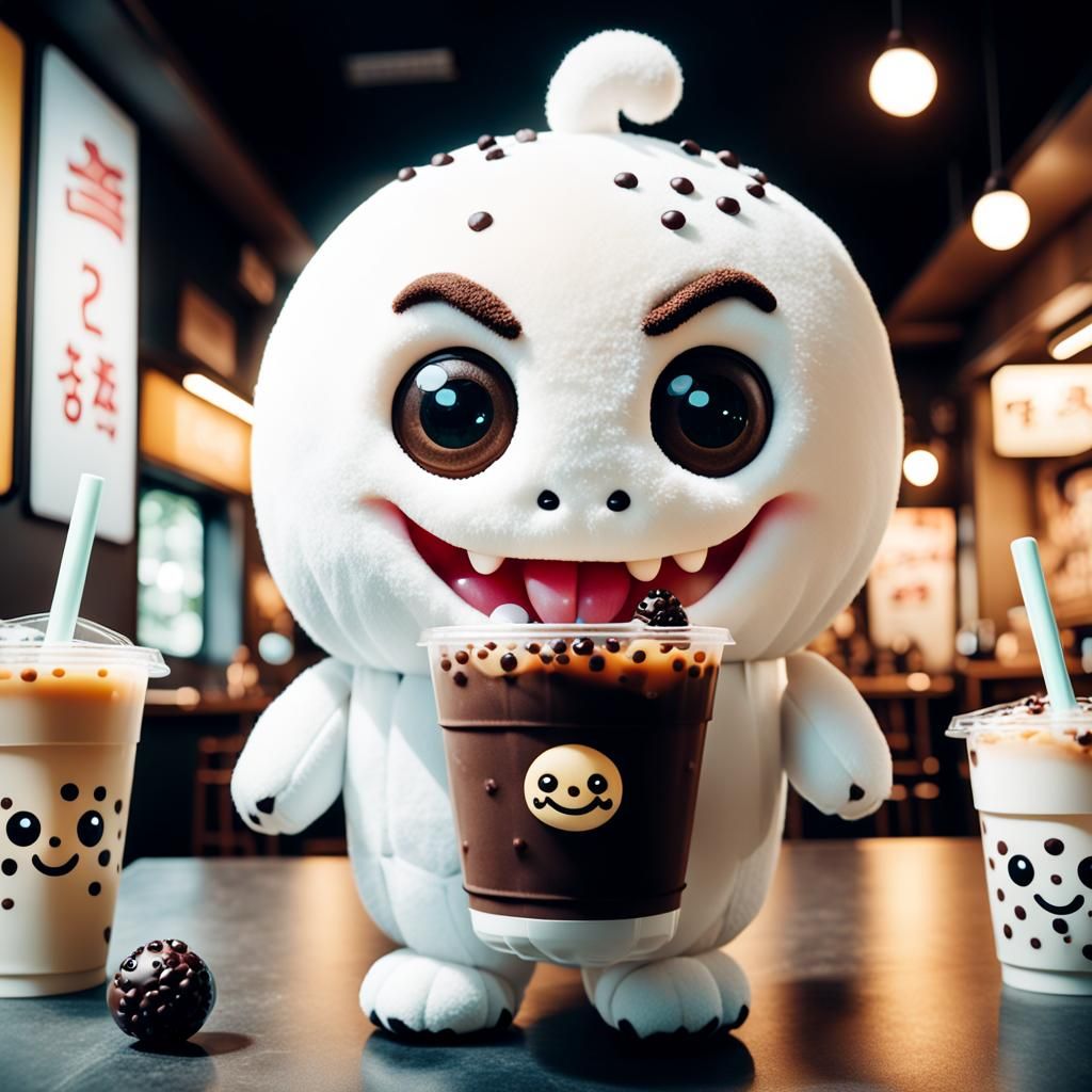 Mr. Bubble tea with Big cute chibi eyes wide smile plush white with choco balls