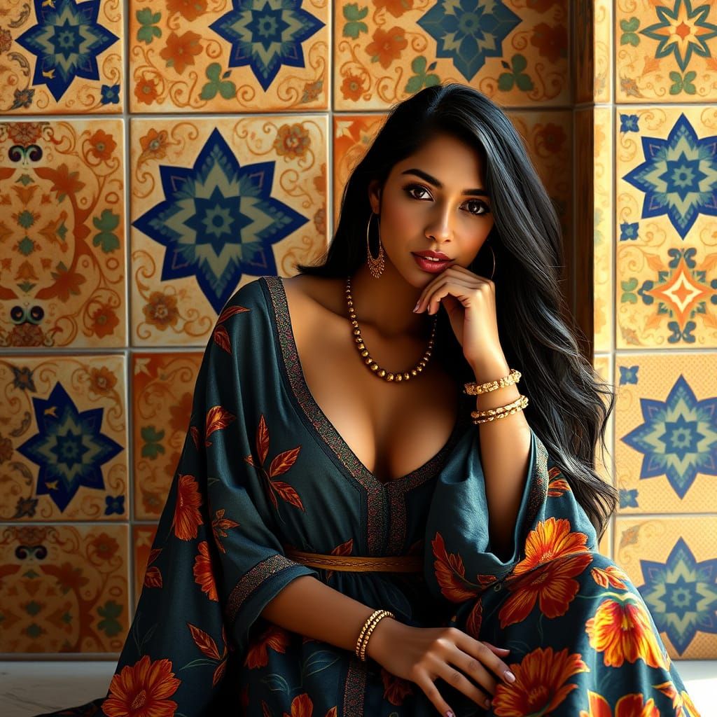 Latina Woman in Kaftan Dress with Moroccan Tiles