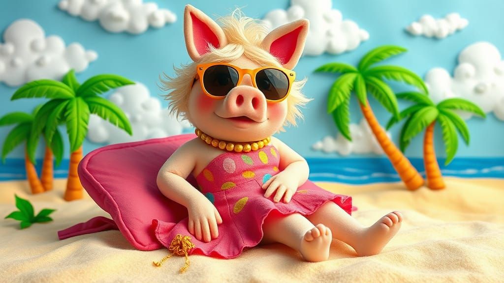 Miss Piggy Lounges on Felt Beach in Whimsical Style