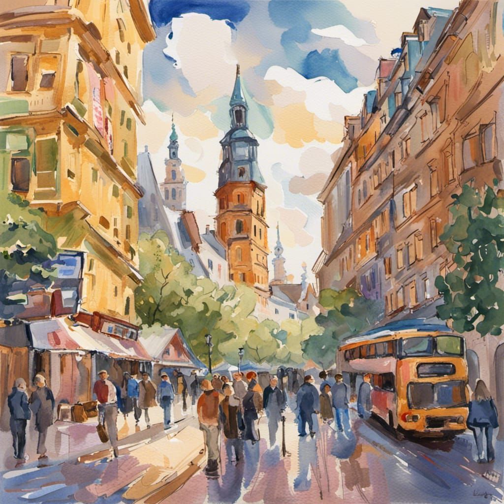 Leipzig City Harbor in Gouache Watercolor Style