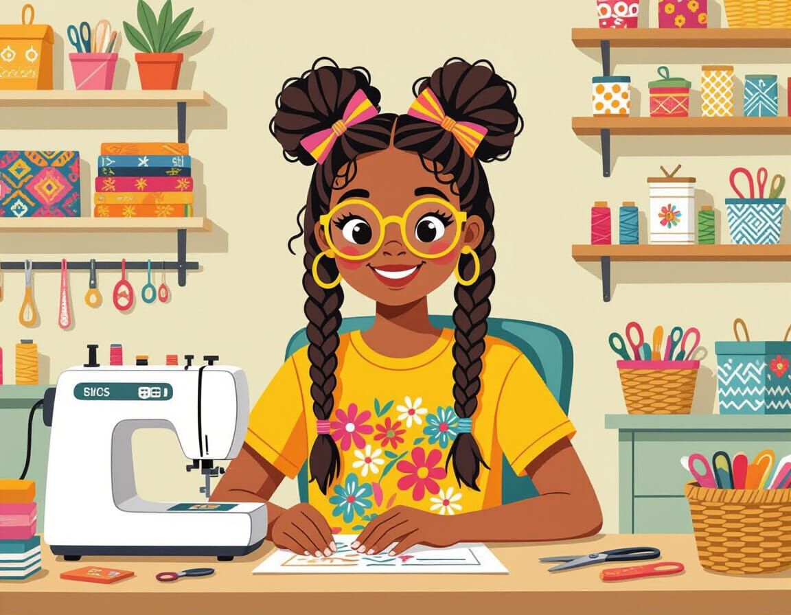 Cartoon Girl's Colorful Craft Room Creation