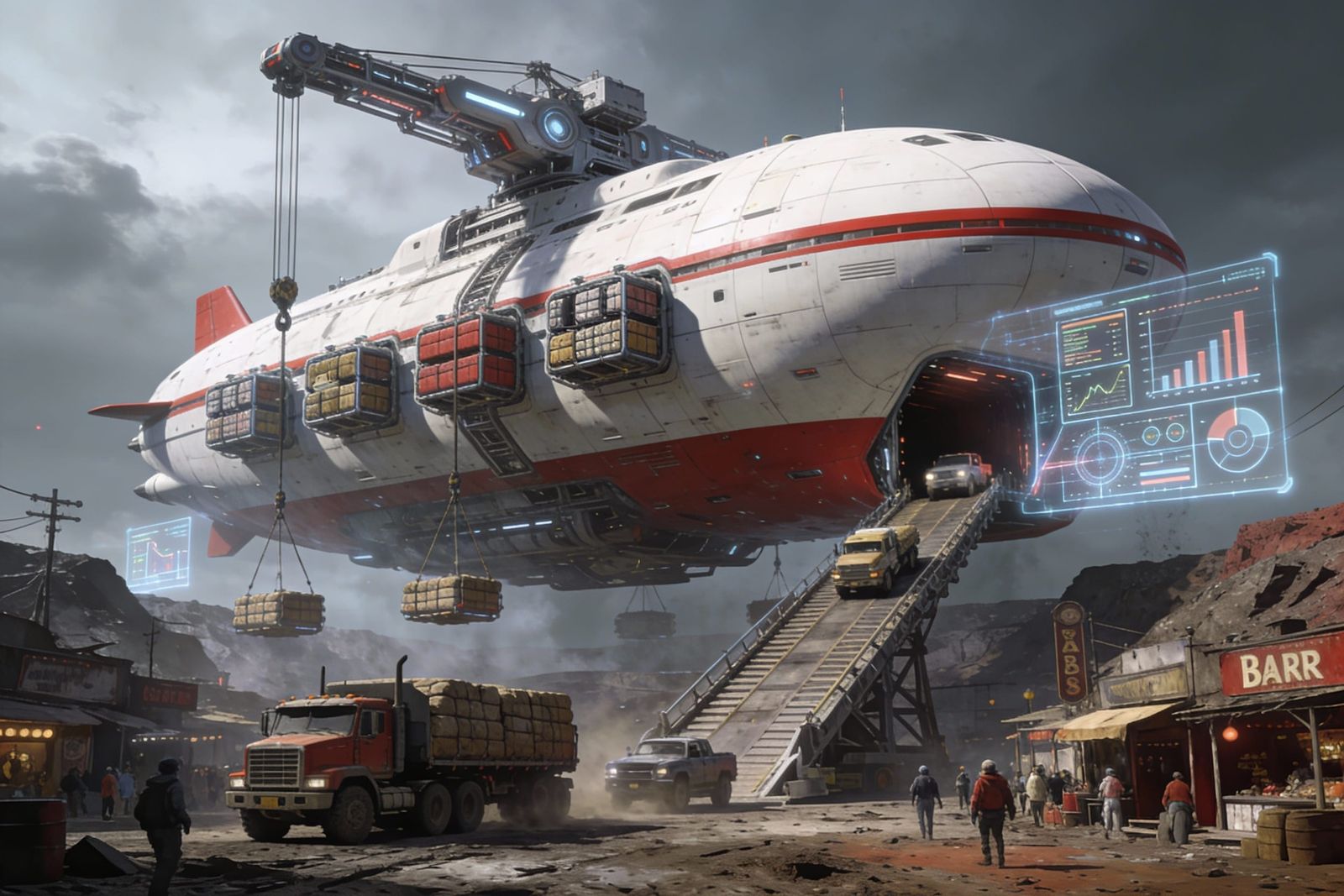 Futuristic Cargo Ship Unloading at Mining Outpost