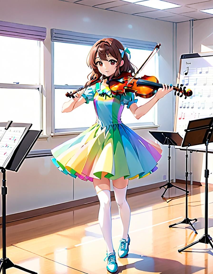 Anime Girl Plays Violin in School Music Room