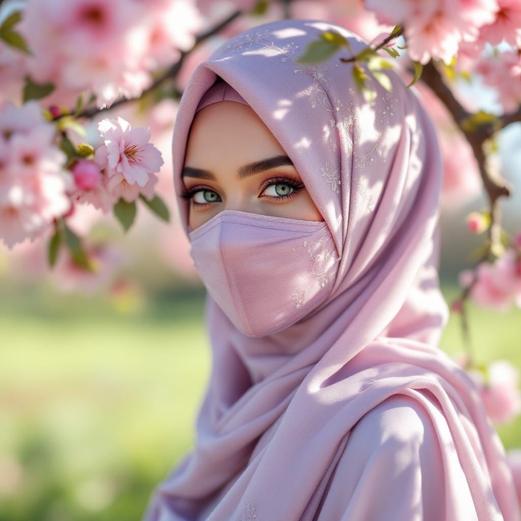 Gentle Hijabi Goddess in Blossoming Paradise