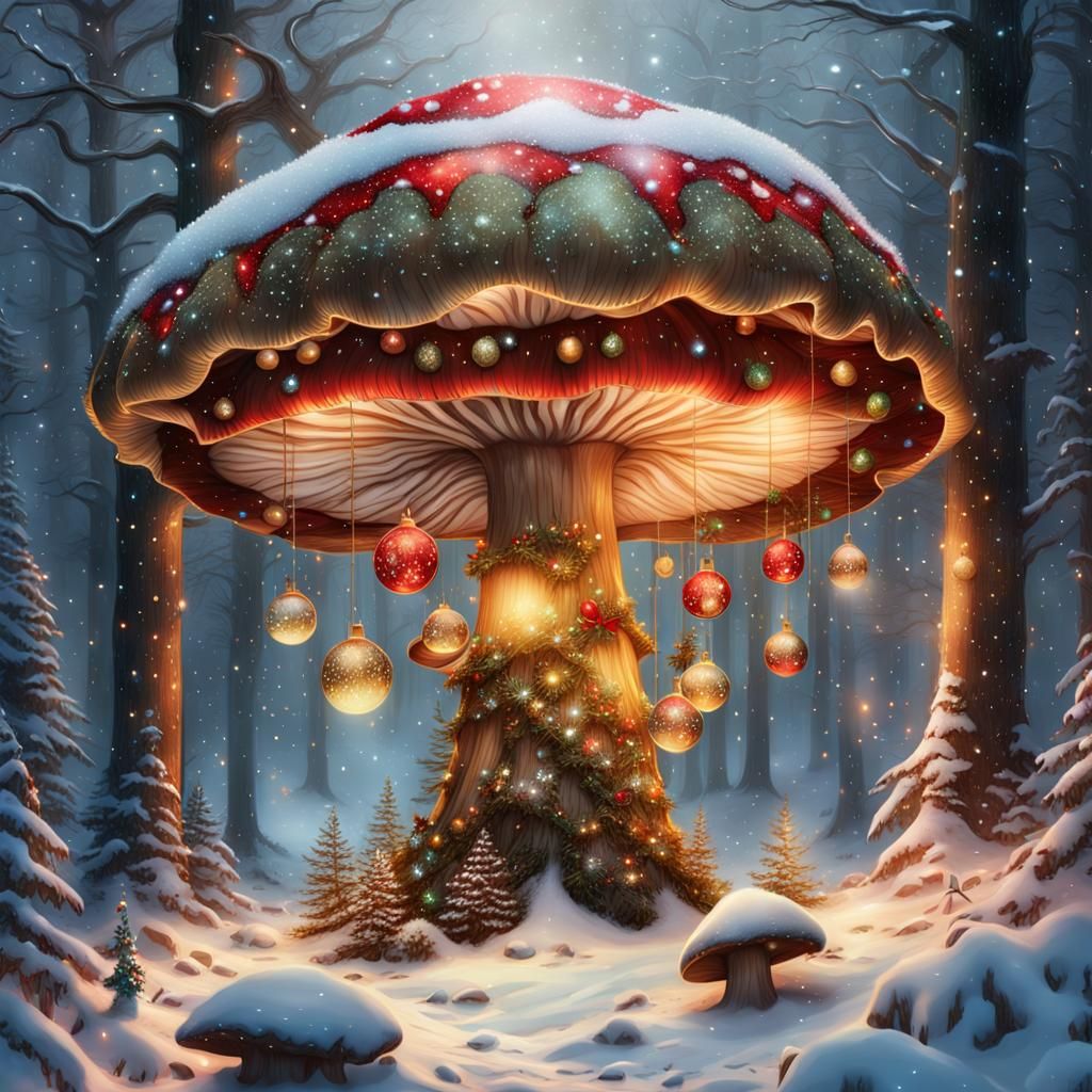 Festive Christmas Mushroom in Snowy Forest