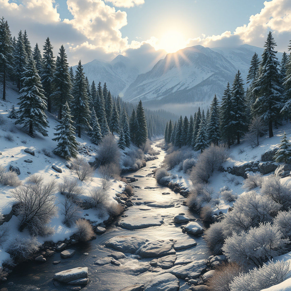 Snowy Mountain River in Dreamlike Watercolor Style