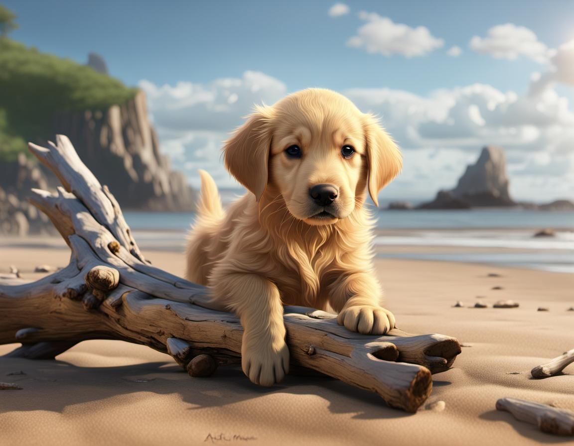 Golden Retriever Puppy on Beach: Detailed Matte Painting