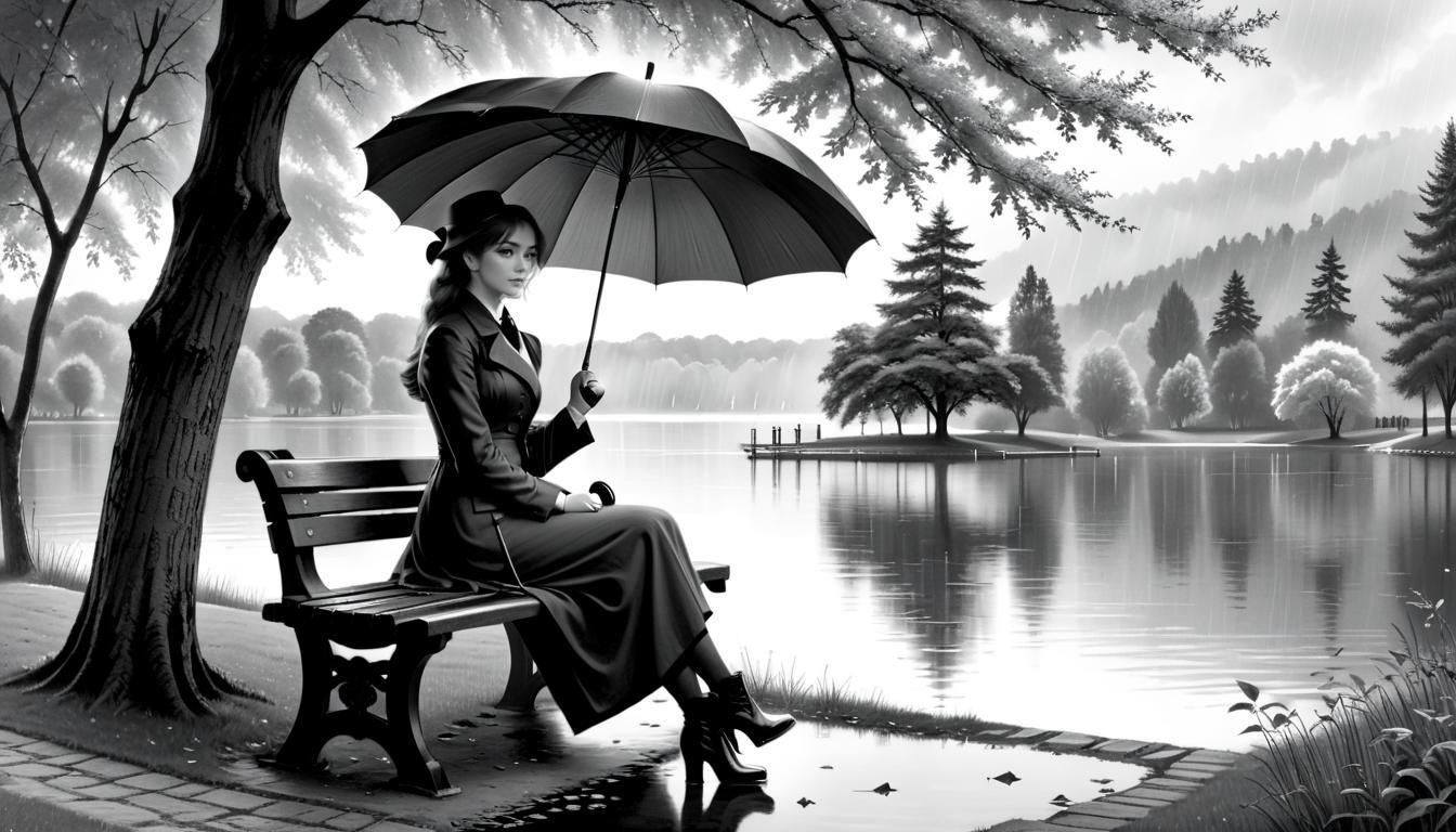 Charcoal Drawing of Woman by Lake in Rain