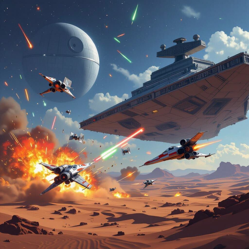Epic Star Wars Space Battle Above Desert Planet