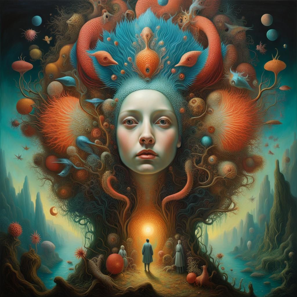 Haunting Dreamscape with Strange Inhabitants, Oil on Canvas