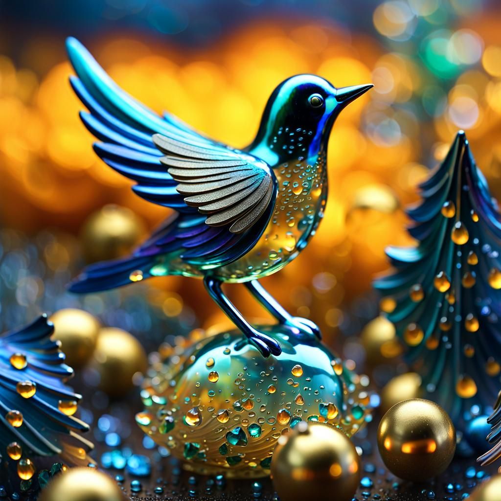 Glass Bird Shatters in Rain, Art Nouveau Style