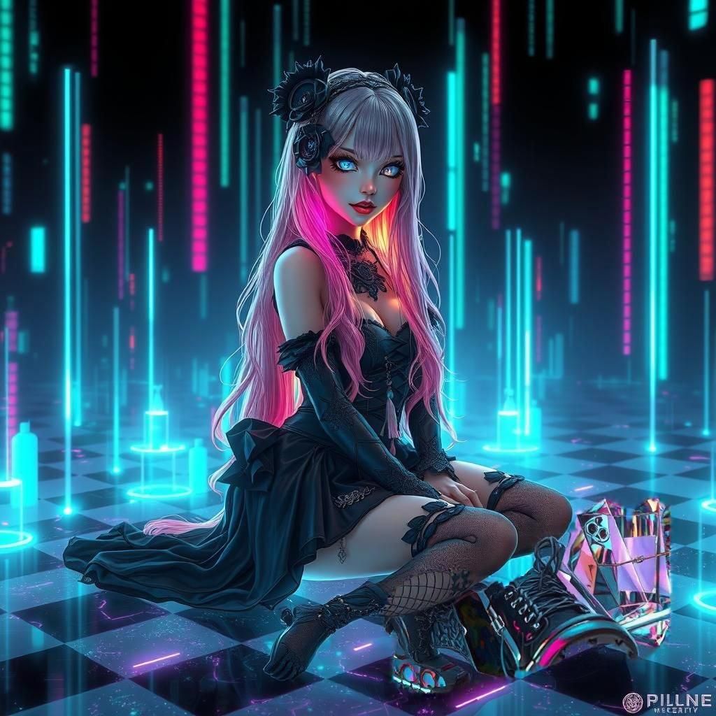 Cyberpunk Girl with Holographic Effects in Gothic Style