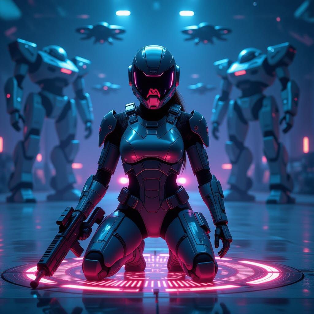 Futuristic Military Girl in Cyberpunk Armor on Landing Pad
