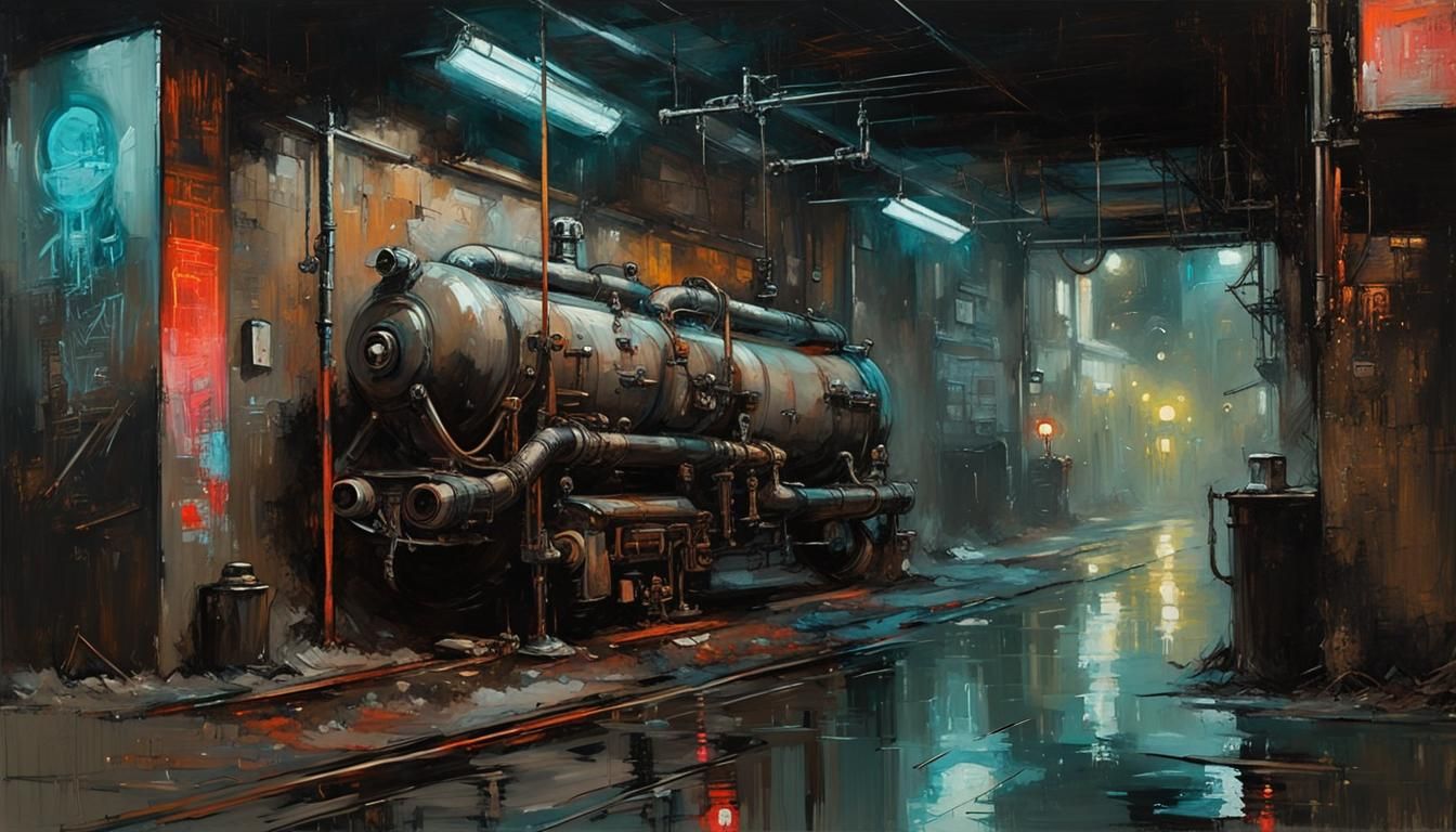 Cyberpunk Backstreet Wall Art in Oil Painting Style