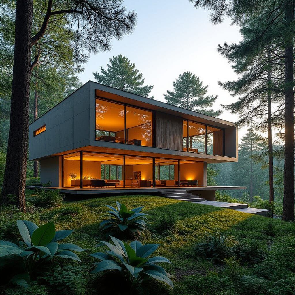 Unique Modernist House in Lush Landscape at Golden Hour