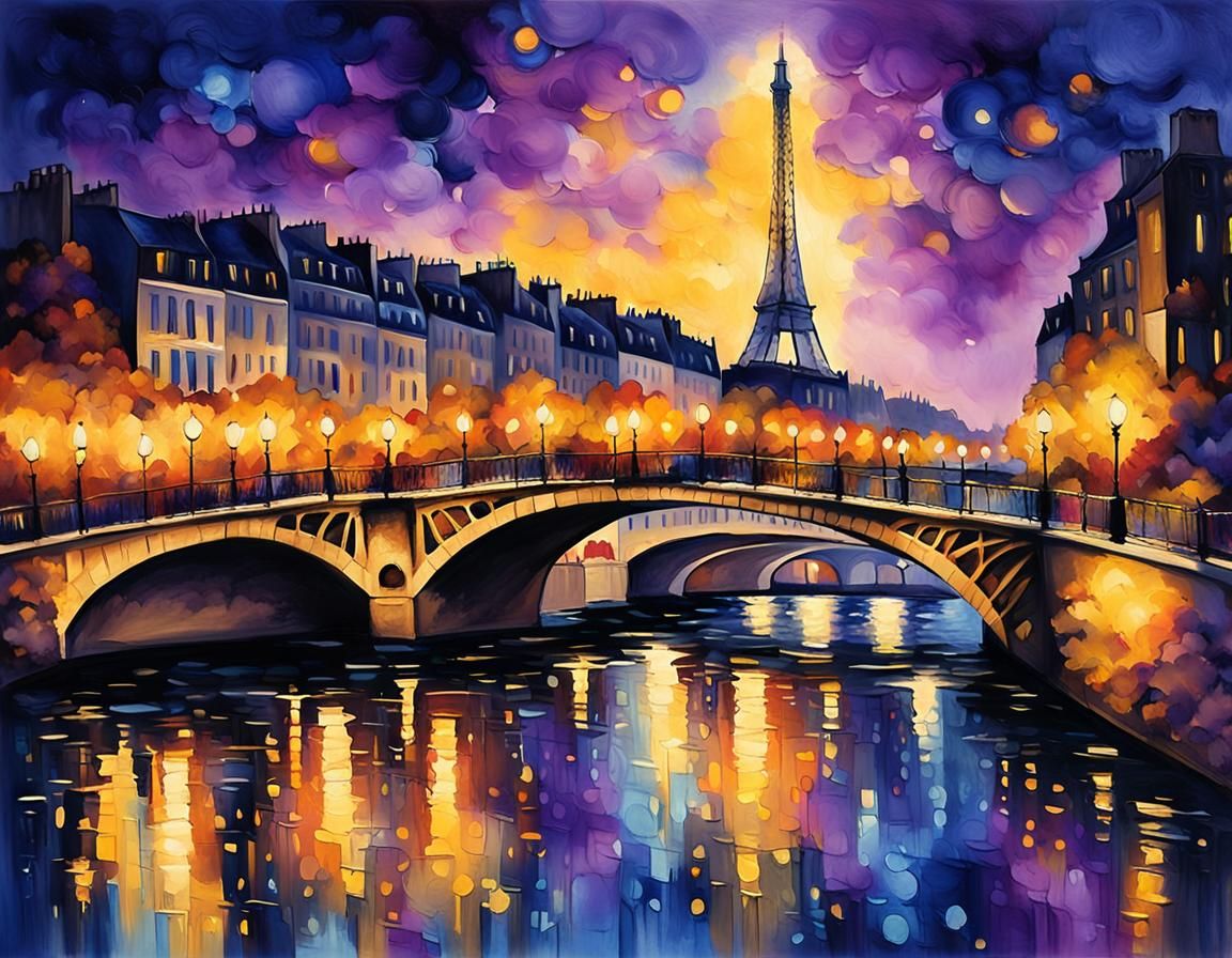 Paris Cityscape at Night: Impressionist Expressionist Painti...