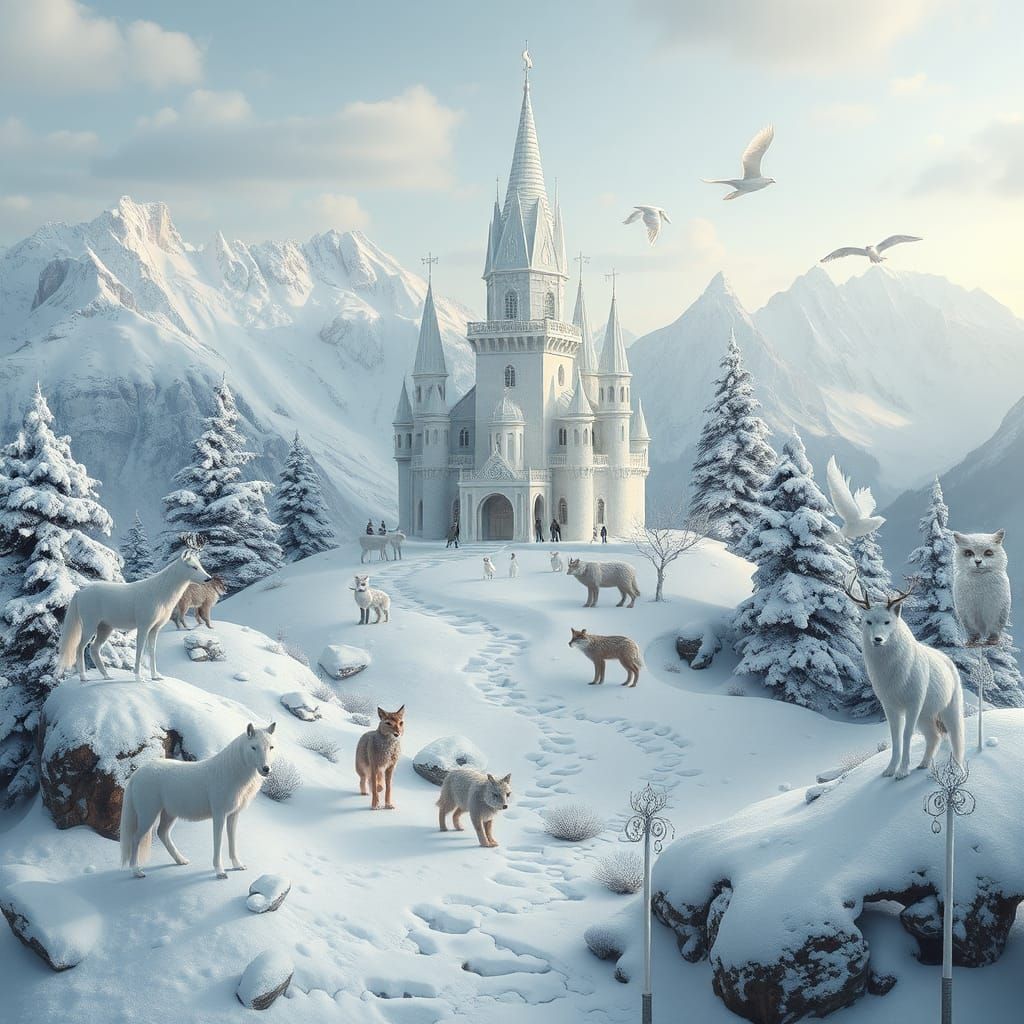 White Castle in Snow with Bioluminescent Animals