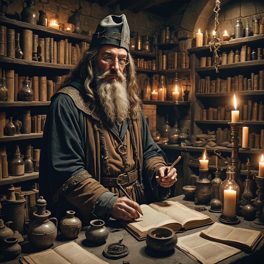 Medieval Alchemist in Dimly Lit Laboratory Photo