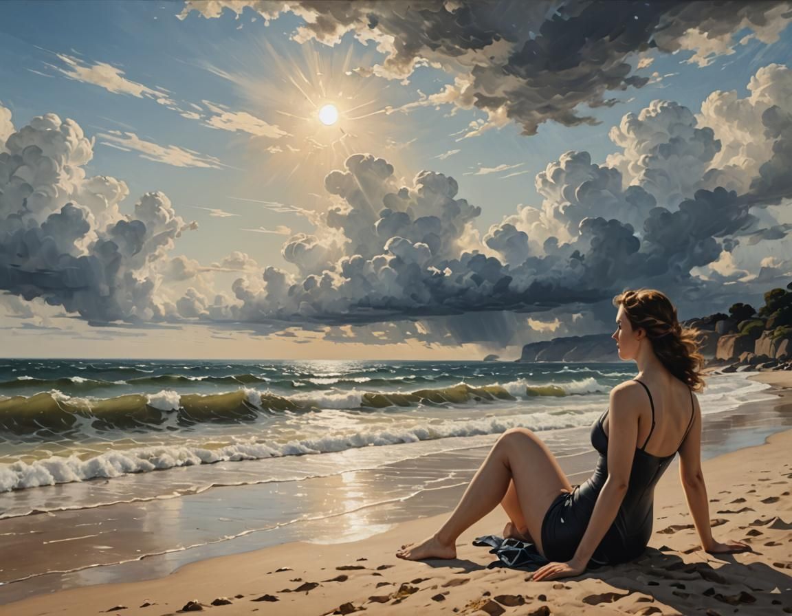 Woman Watching Waves in 19th-Century Painting Style