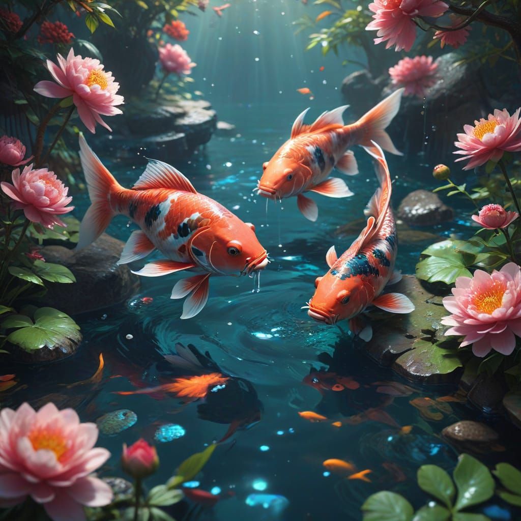 Vibrant Peony and Koi in Whimsical Anime Art