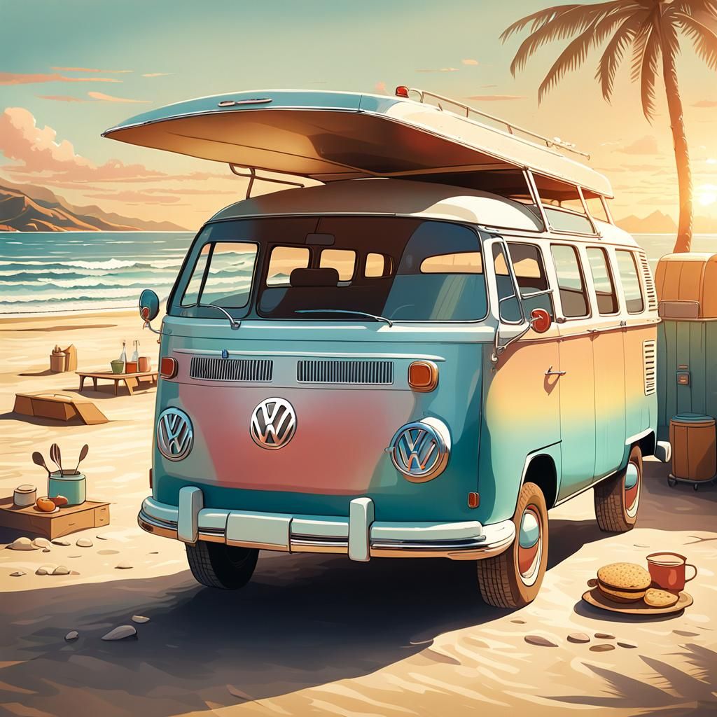 VW Bus Kitchen on Sunny Beach in Retro Illustration
