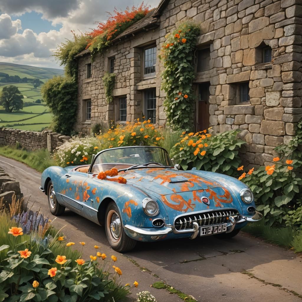 Corvette in British Countryside as Impressionist Oil Paintin...