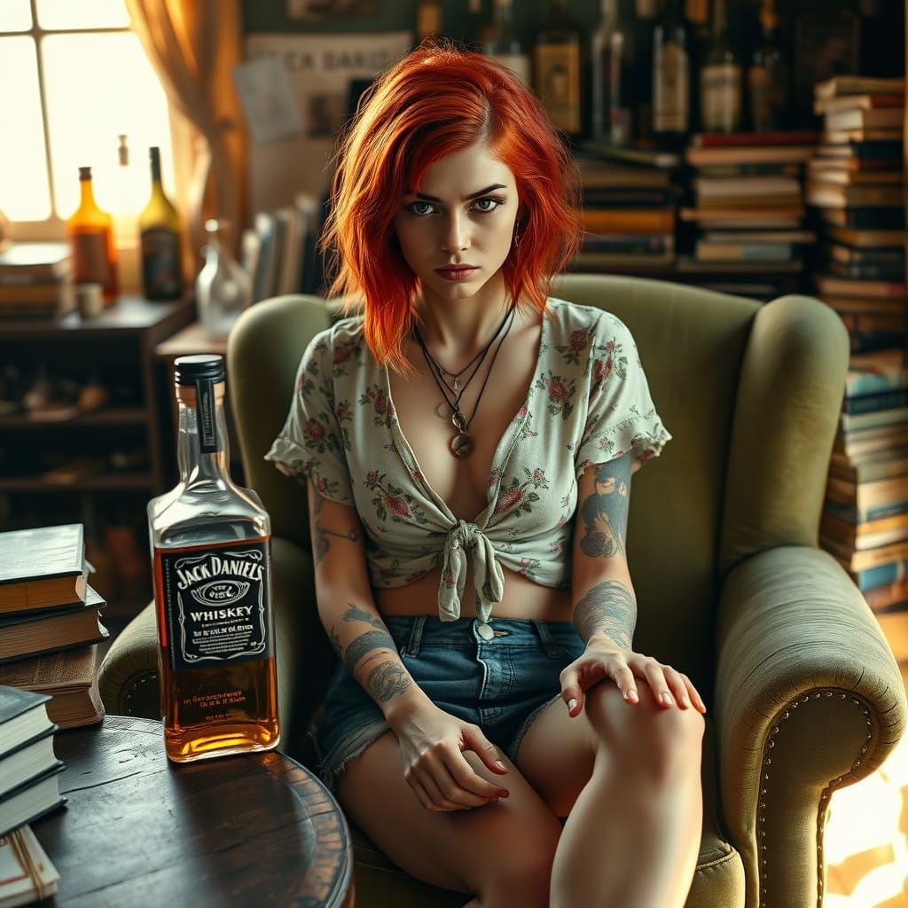 Young Woman in Bohemian Study with Whiskey and Vintage Detai...