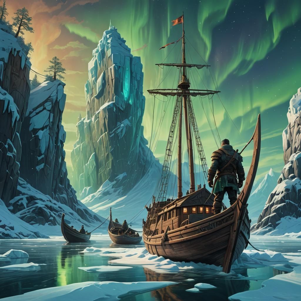 Viking Warrior on Longboat in Icy Northern Waters