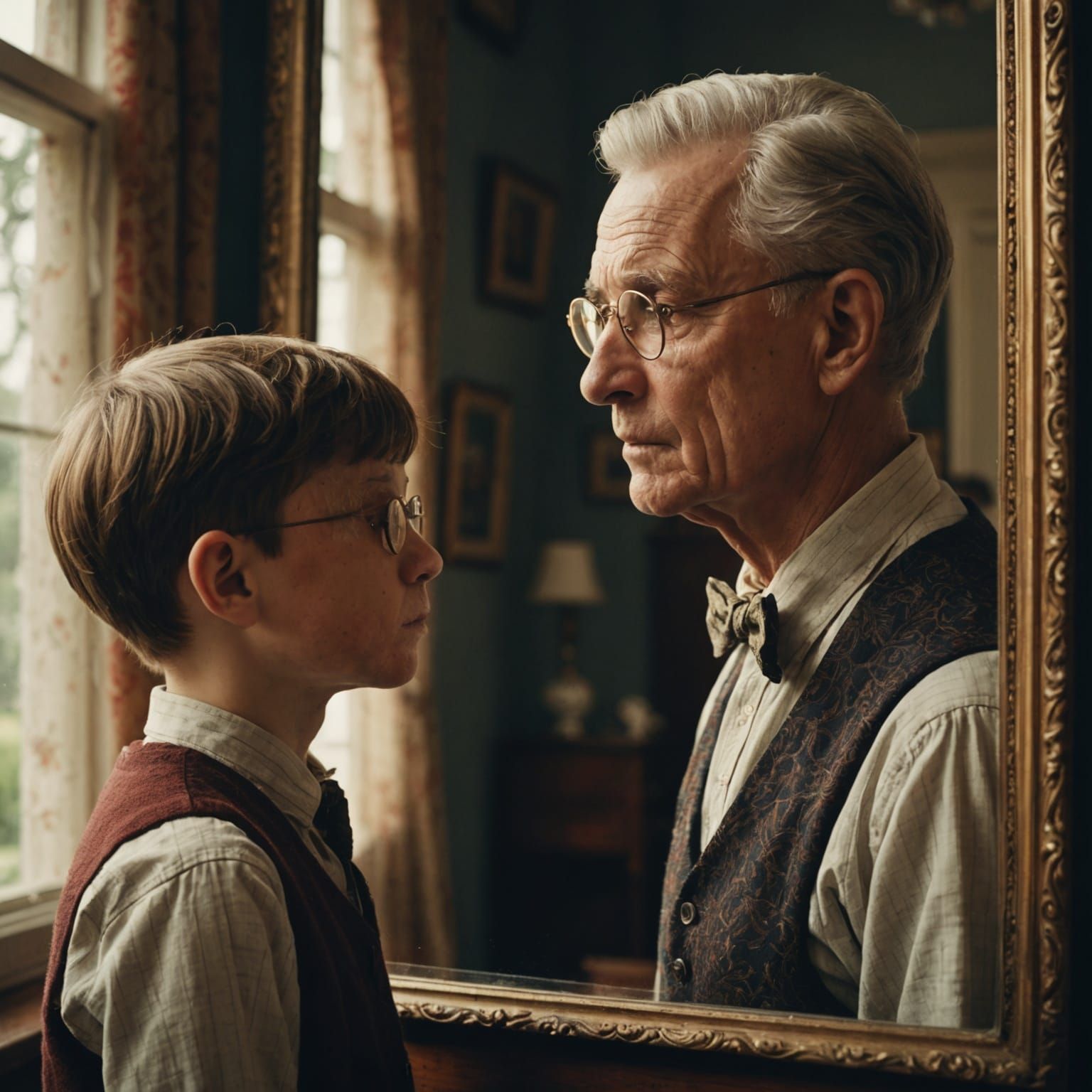 Boy and Elderly Reflection in Nostalgic Mirror