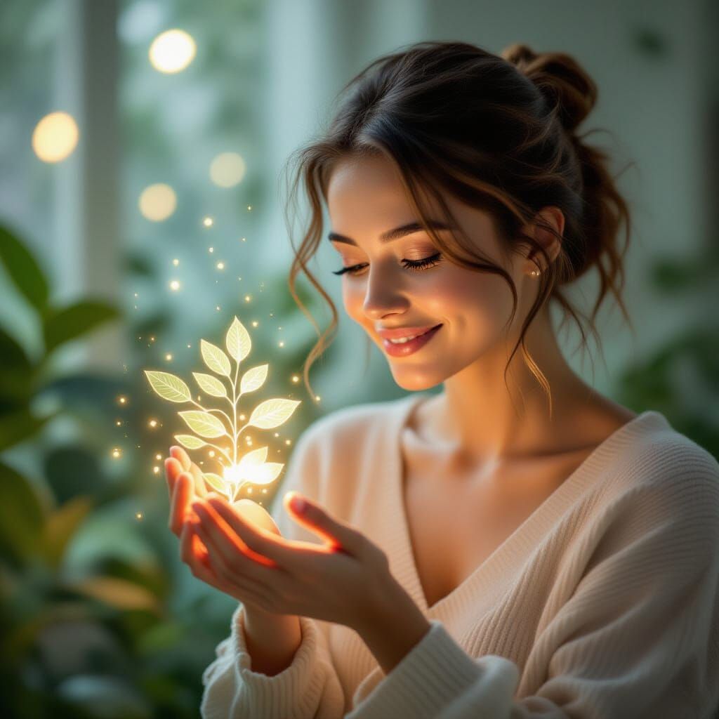 Woman Studies Glowing Plant with Gentle Smile