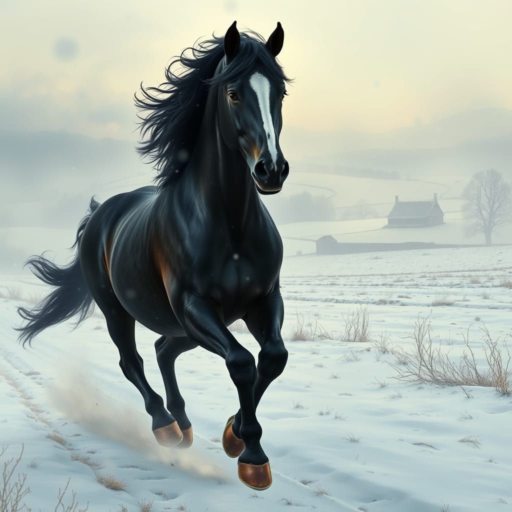 Majestic Friesian Horse Gallops Through Snowy Farmland