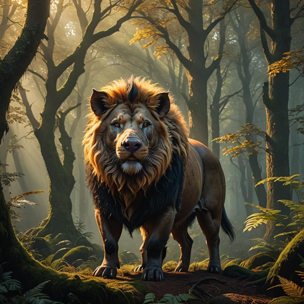 Pig-Lion Hybrid in Misty Forest Concept Art