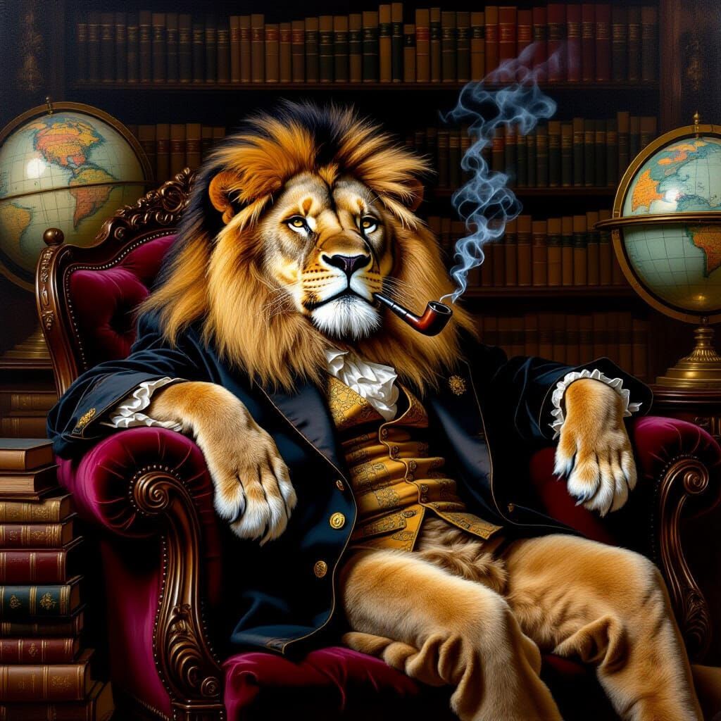 Victorian Lion in Library, Rembrandt and Sargent Style