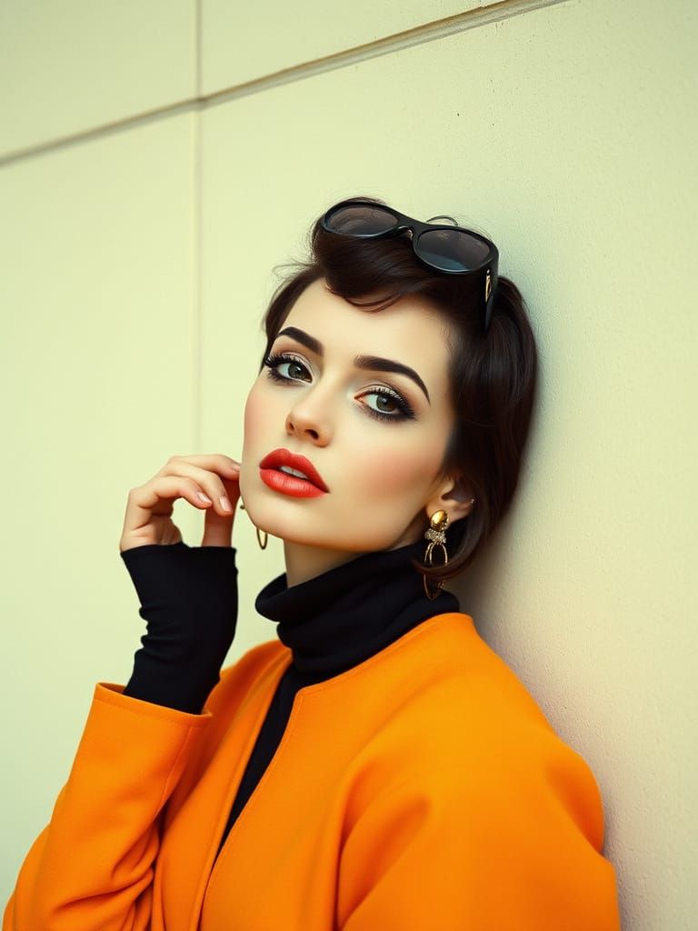 60s Mod Fashion Model in Vibrant Colors, Dark Eye Makeup, an...