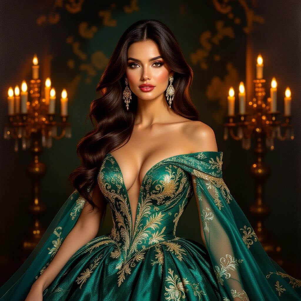 Elegant Woman in Teal and Gold Gown, Baroque Oil Painting