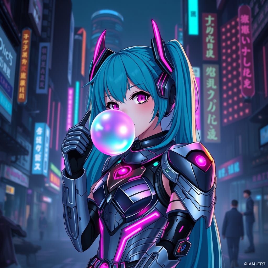 Cyberpunk Goddess Blows Vibrant Bubblegum Bubble
