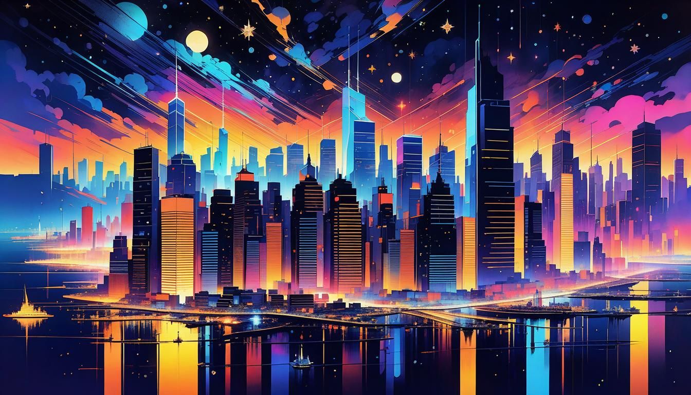 Neon City Skyline Under Starry Night Sky