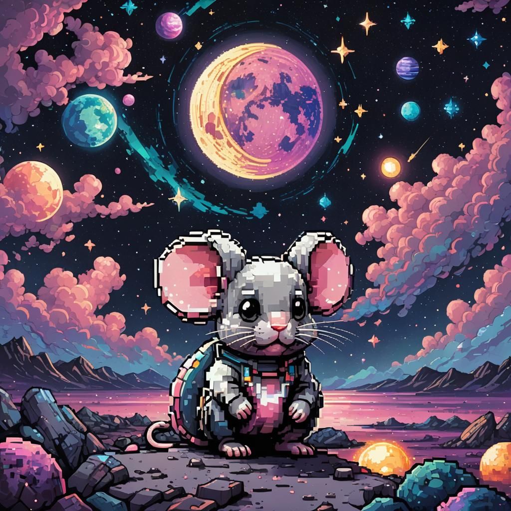 Chibi Mouse Gazing at Pixelated Night Sky