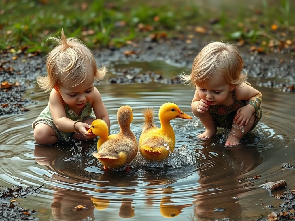 Toddlers and Ducks Splashing: Intricate Fairytale Art
