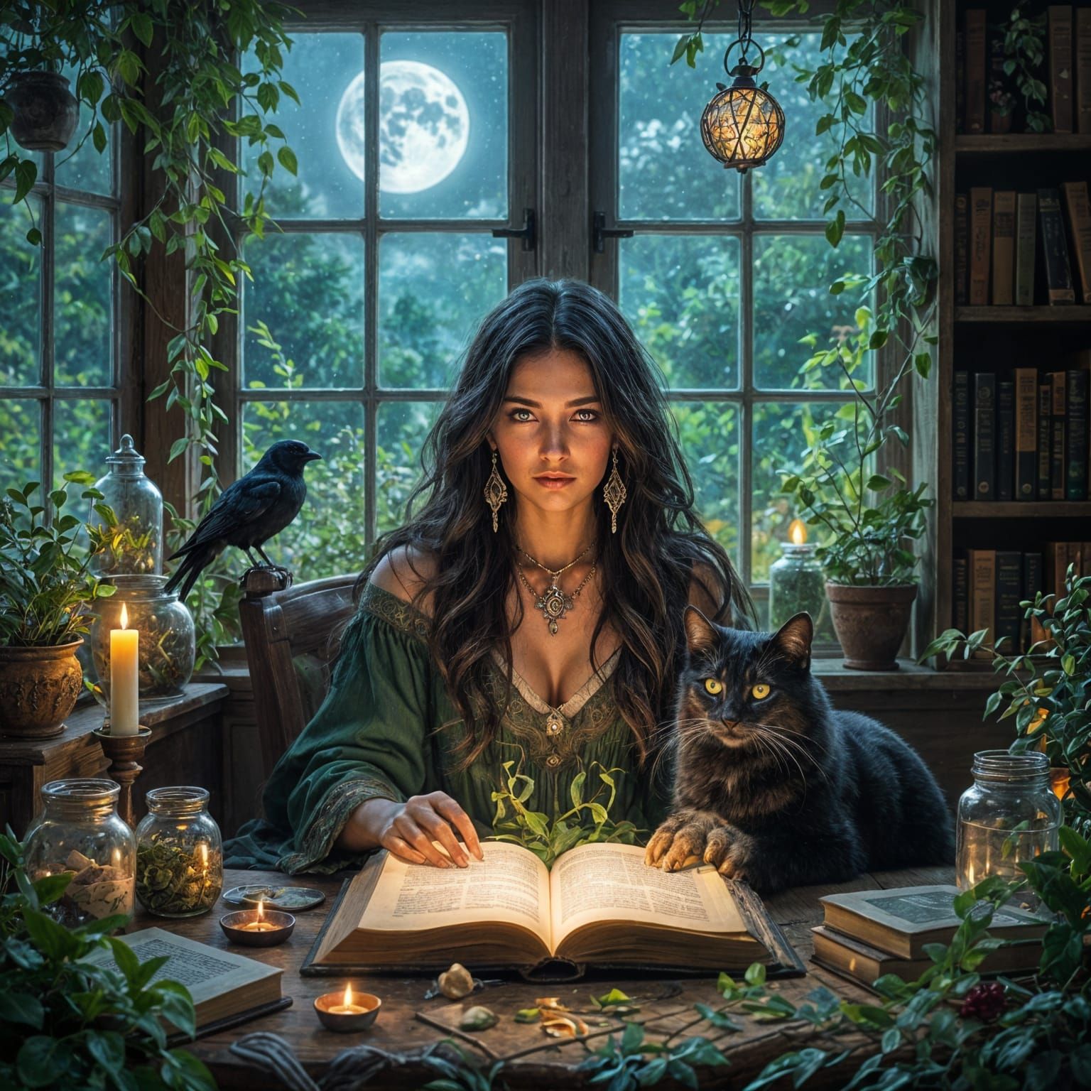 Shamanic Witch and Cat in Mystical Sunroom