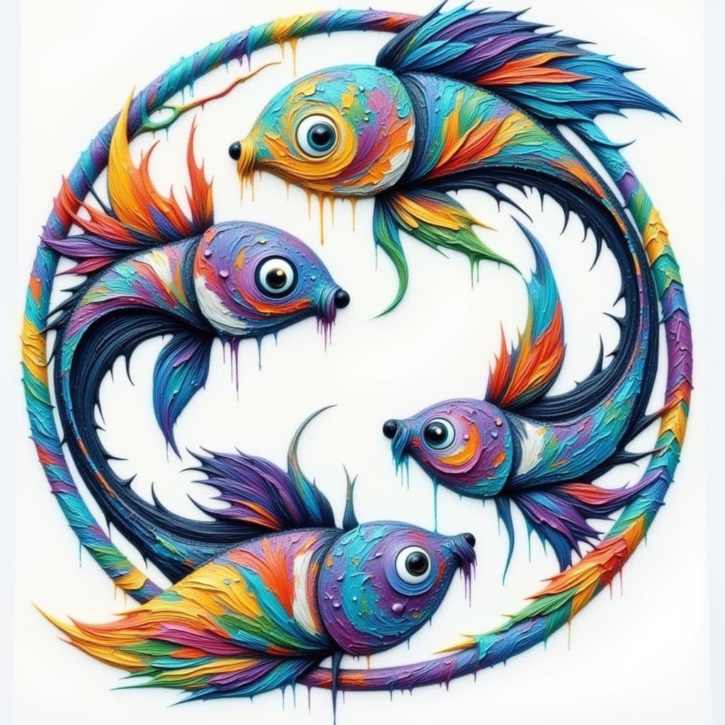 Impasto Style Oil Painting of Intertwined Fish in Vibrant Bl...