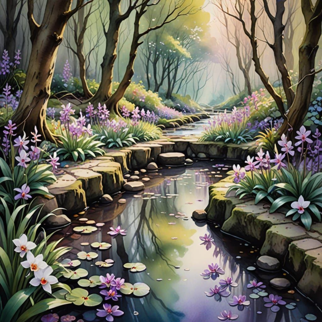 Whimsical Creek in Forest: Vibrant Watercolor Fantasy