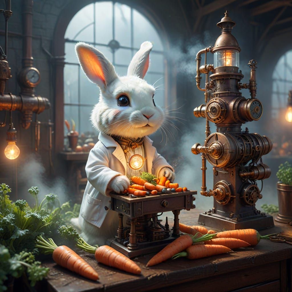 Steampunk Bunny Inventor in Whimsical Fantasy World