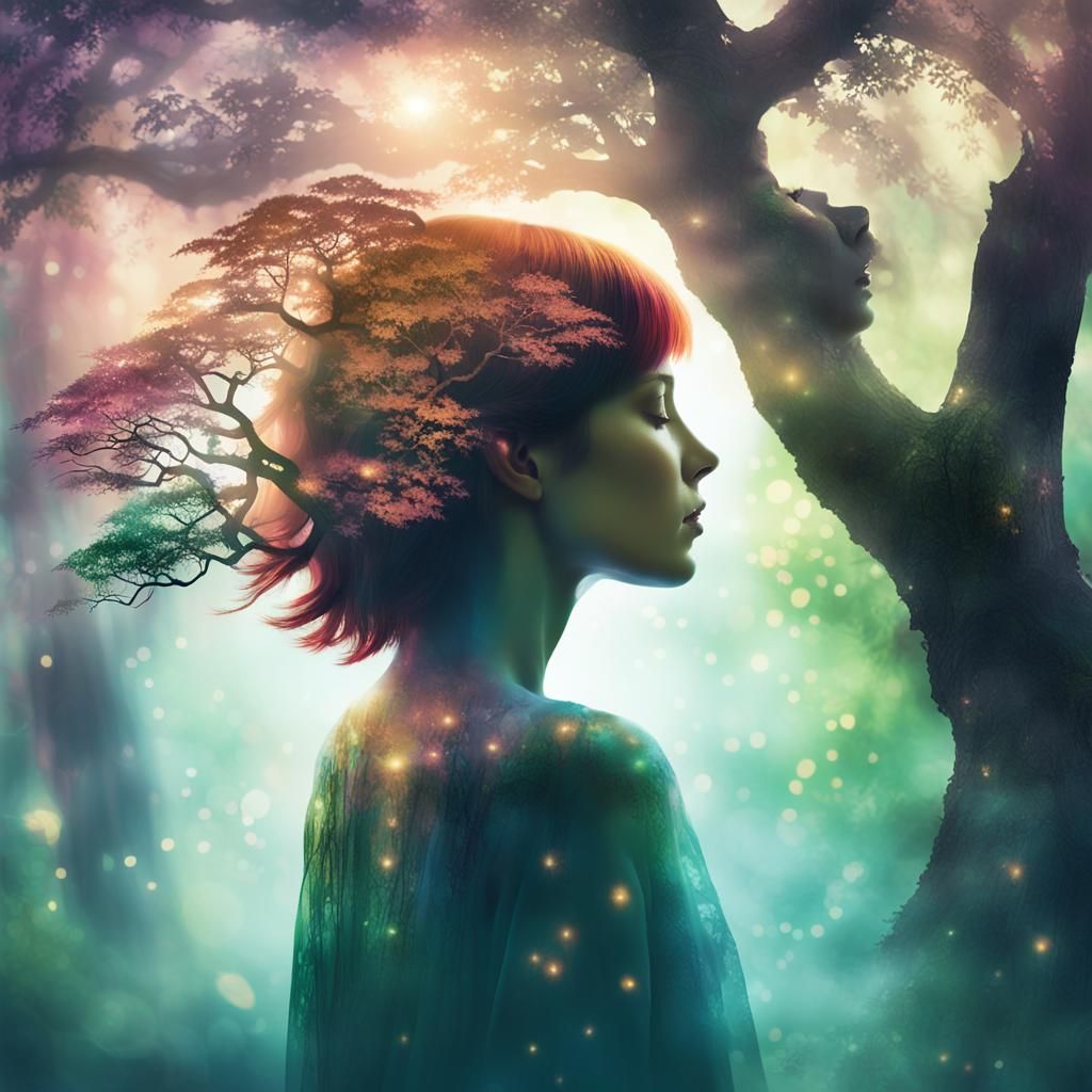 Ethereal Woman Merging with Rainforest, Art Nouveau Style